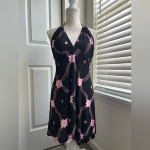 Bebe Floral Frill Tie Up V-Neckline Stretch Sleeveless Tunic Top